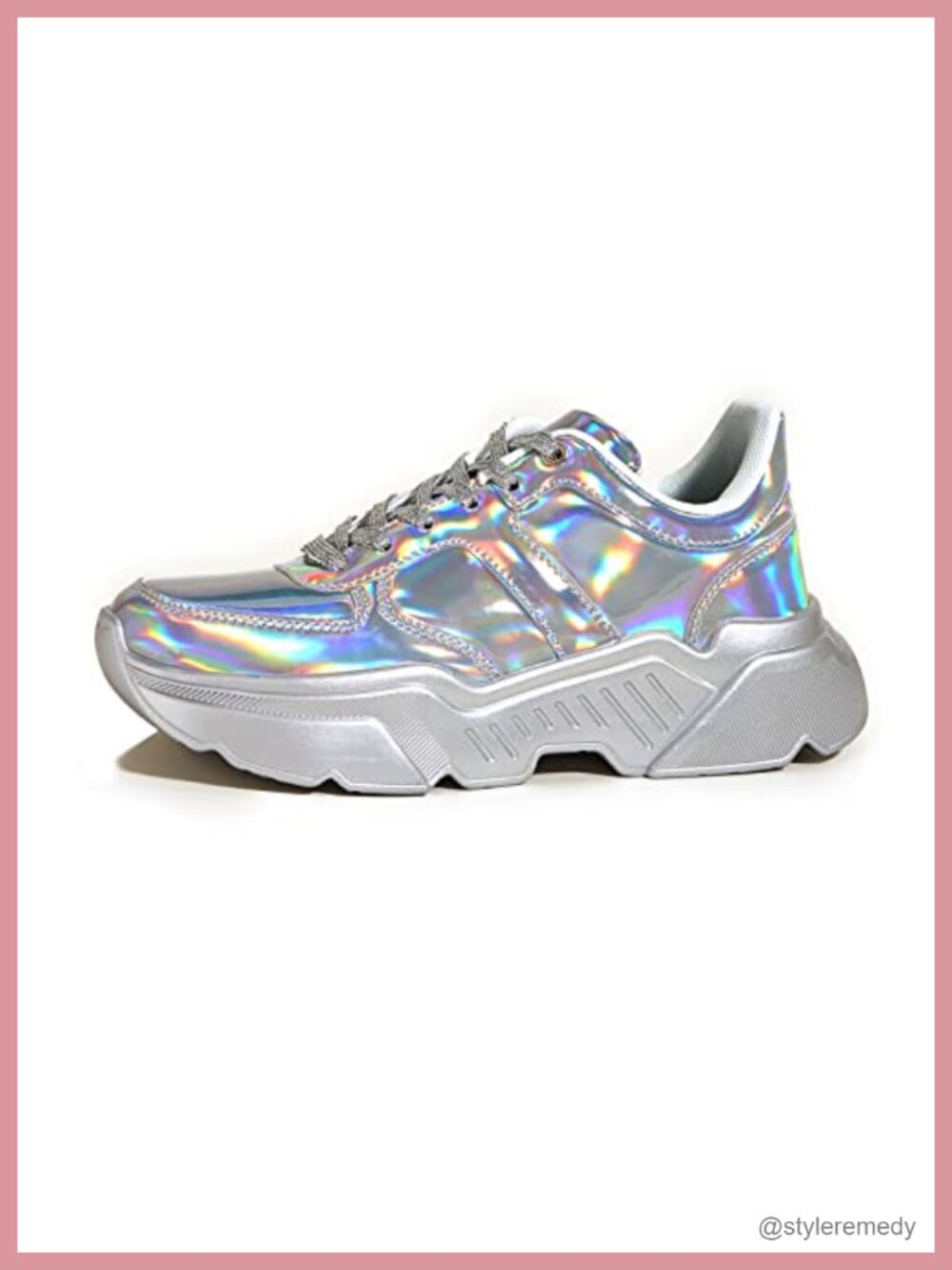 Platform Chunky Sneakers Metallic Iridescent Faux Leather Walking Shoes